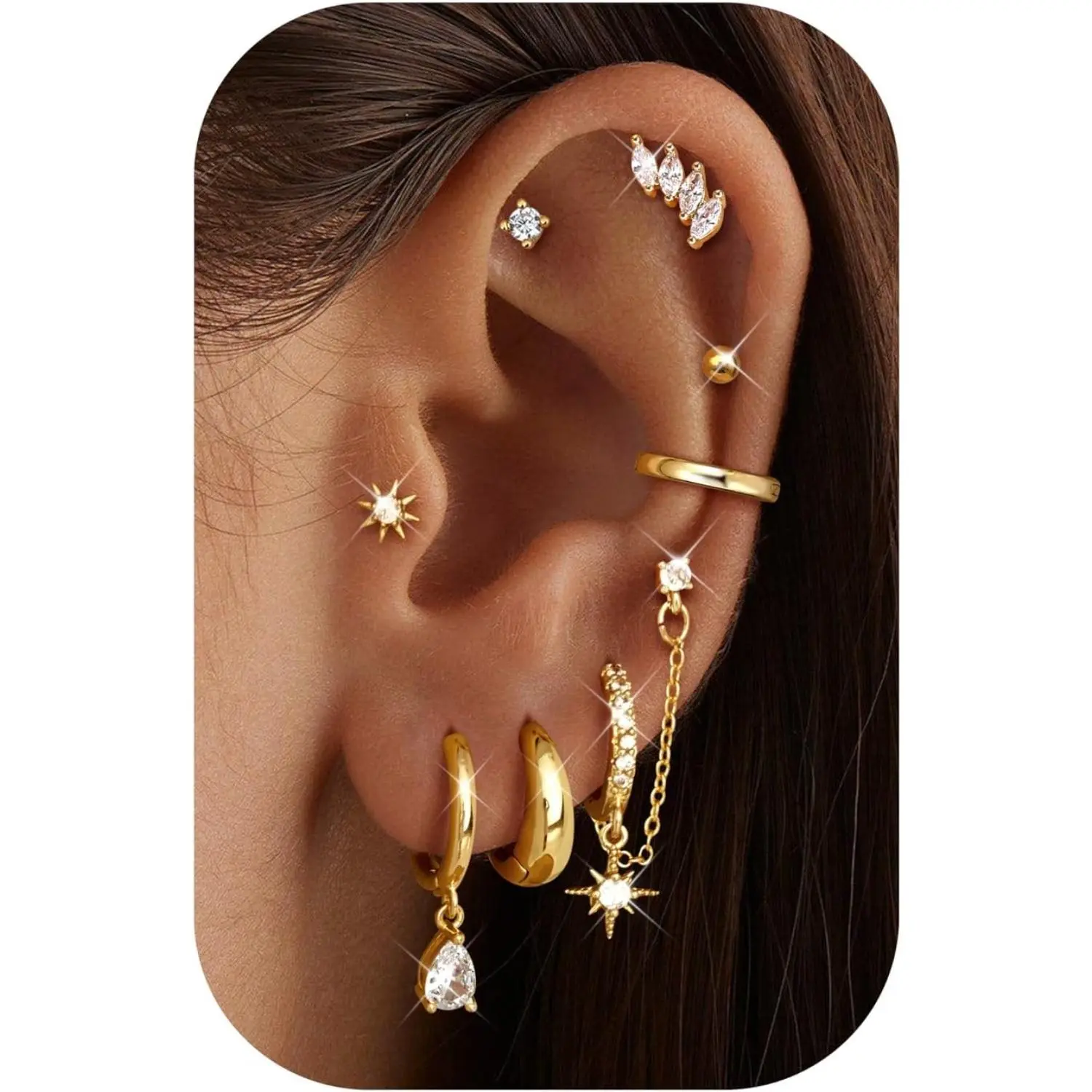 Fansilver Hypoallergenic 14K Gold Plated Hoop Stud Earring Stacks for Women Trendy - Chain Cartilage Earrings Cute Silver Huggie Earrings Sets for Multiple Piercing Jewelry Lightweight 8Pairs