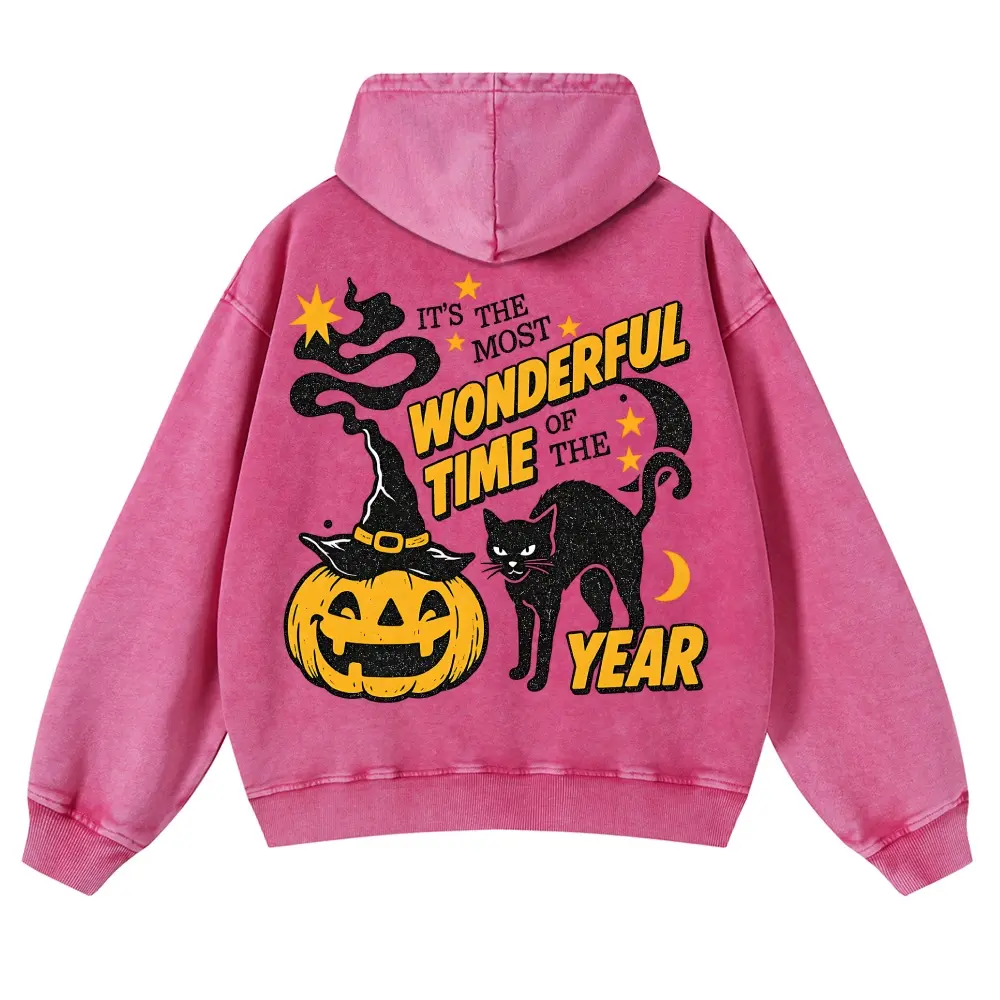 Retro Acid Wash Halloween Cat Hoodie Wonderful Time Of The Year Pumpkin Graphic Sweatshirt Oversized Unisex Witchy Spooky Fall Streetwear Top