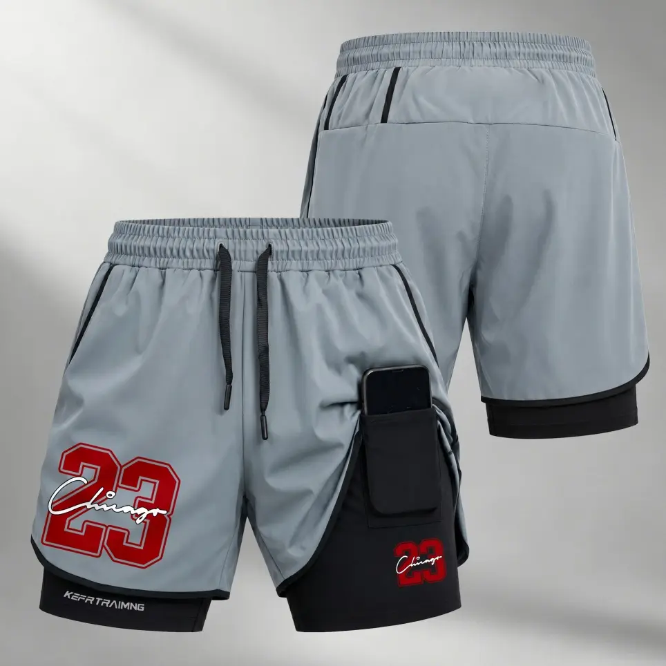 Men’s Chicago 23 Graphic 2-in-1 Workout Shorts, Compression Inner Liner with Phone Pocket, Adjustable Drawstring Waist, Quick-Dry Running Gym Shorts for Summer