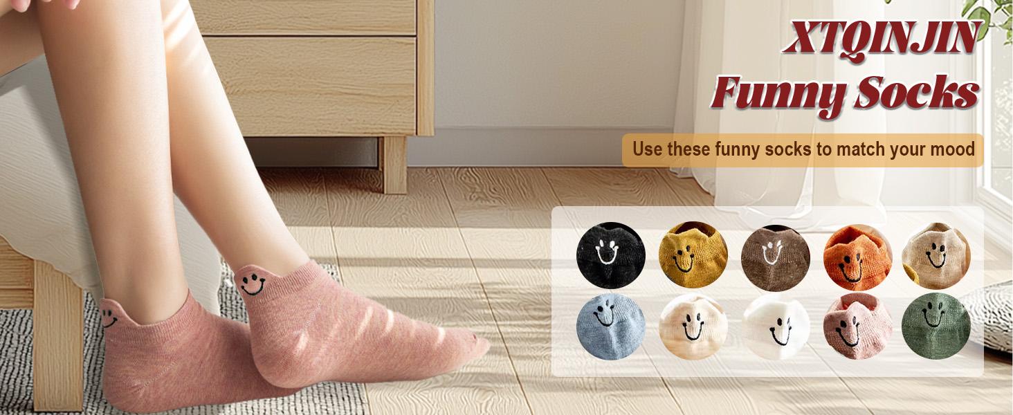 10 Pairs Smiley Face Ankle Socks for Women - Cute Embroidered Happy Face Low Cut Socks, Anti-Slip Breathable Cotton Casual Sneaker Socks, Summer Daily Gift