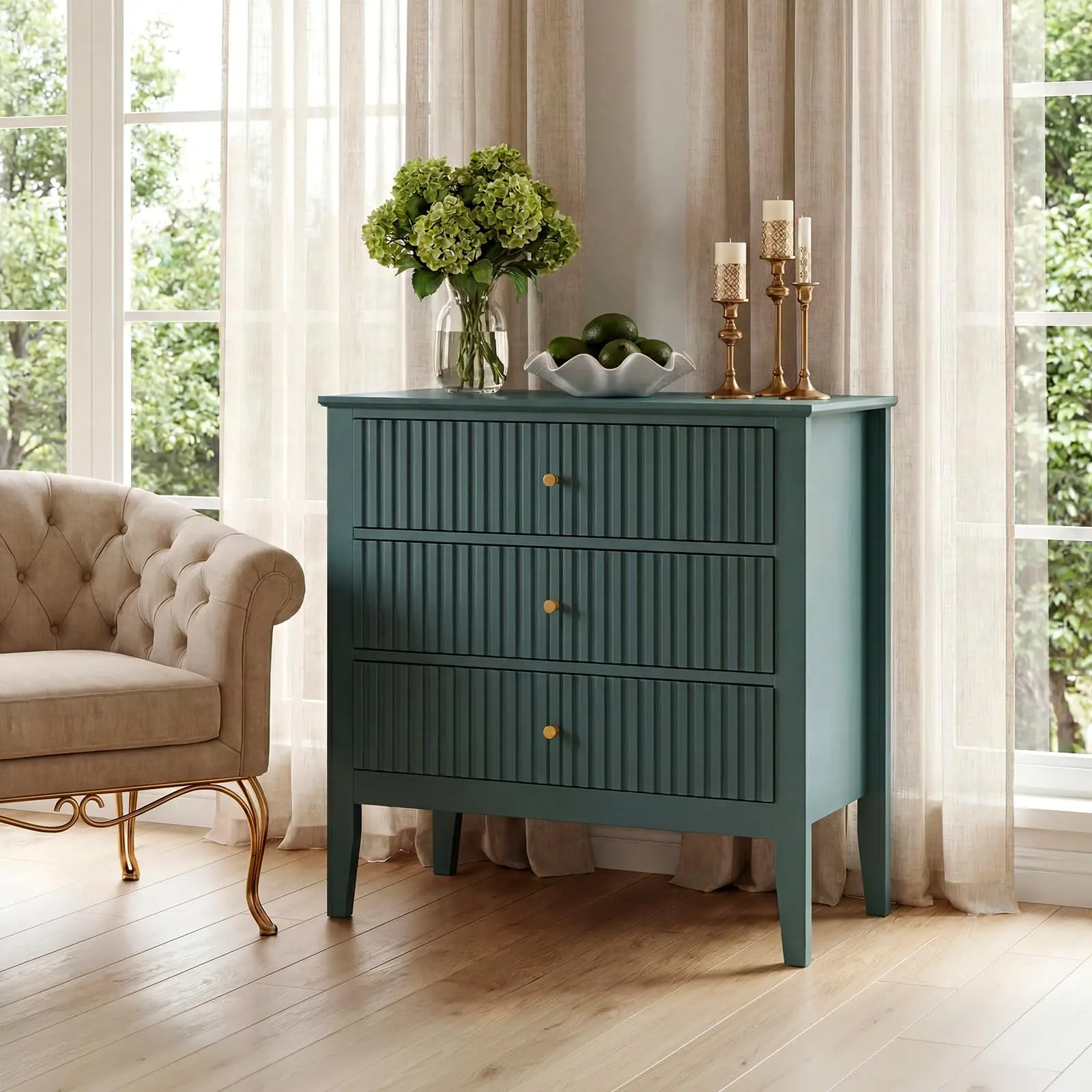 32" Fluted Nightstand with Charging Station, 3 Drawer, Stylish 32" End Table with 3 drawers, Raised Legs, for Bedroom,Living Room, Hallway,Green/Black/White/Pink/Blue