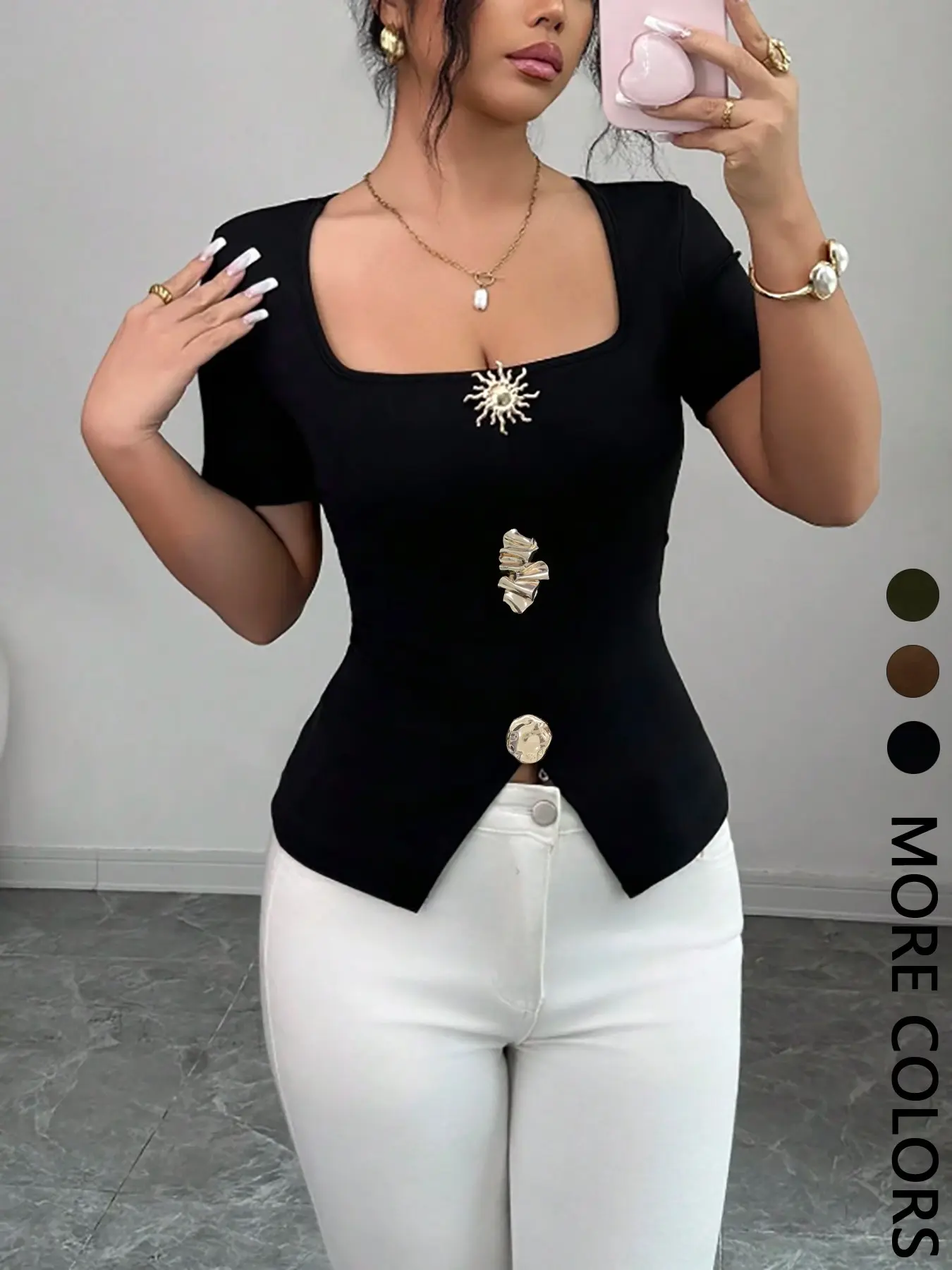 Women's Square Neck Slim Fit Chic Casual Top, Metal Button Split Hem Short Sleeve Blouse Shirts, Button Closure Shirt, Blouses Shirts Tops