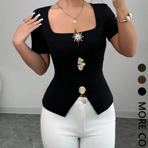 Women's Square Neck Slim Fit Chic Casual Top, Metal Button Split Hem Short Sleeve Blouse Shirts, Button Closure Shirt, Blouses Shirts Tops