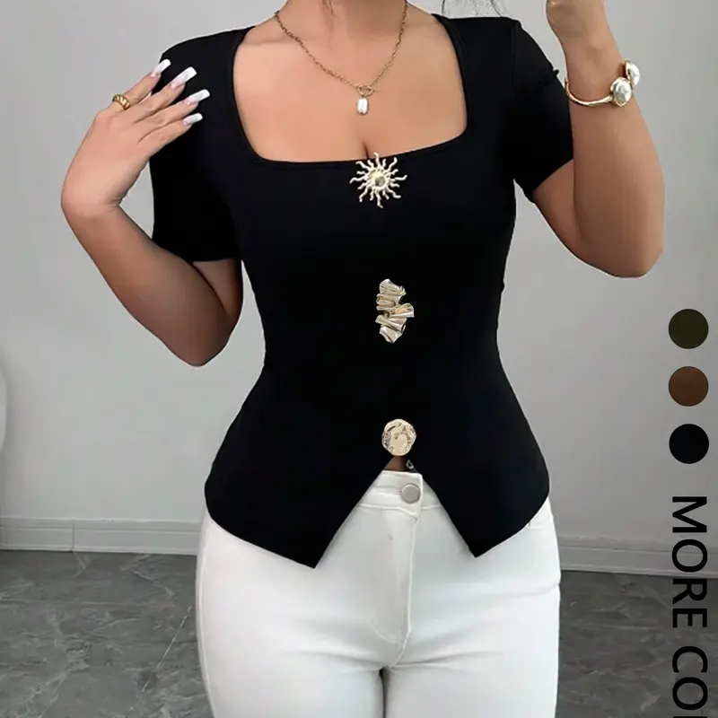 Women's Square Neck Slim Fit Chic Casual Top, Metal Button Split Hem Short Sleeve Blouse Shirts, Button Closure Shirt, Blouses Shirts Tops
