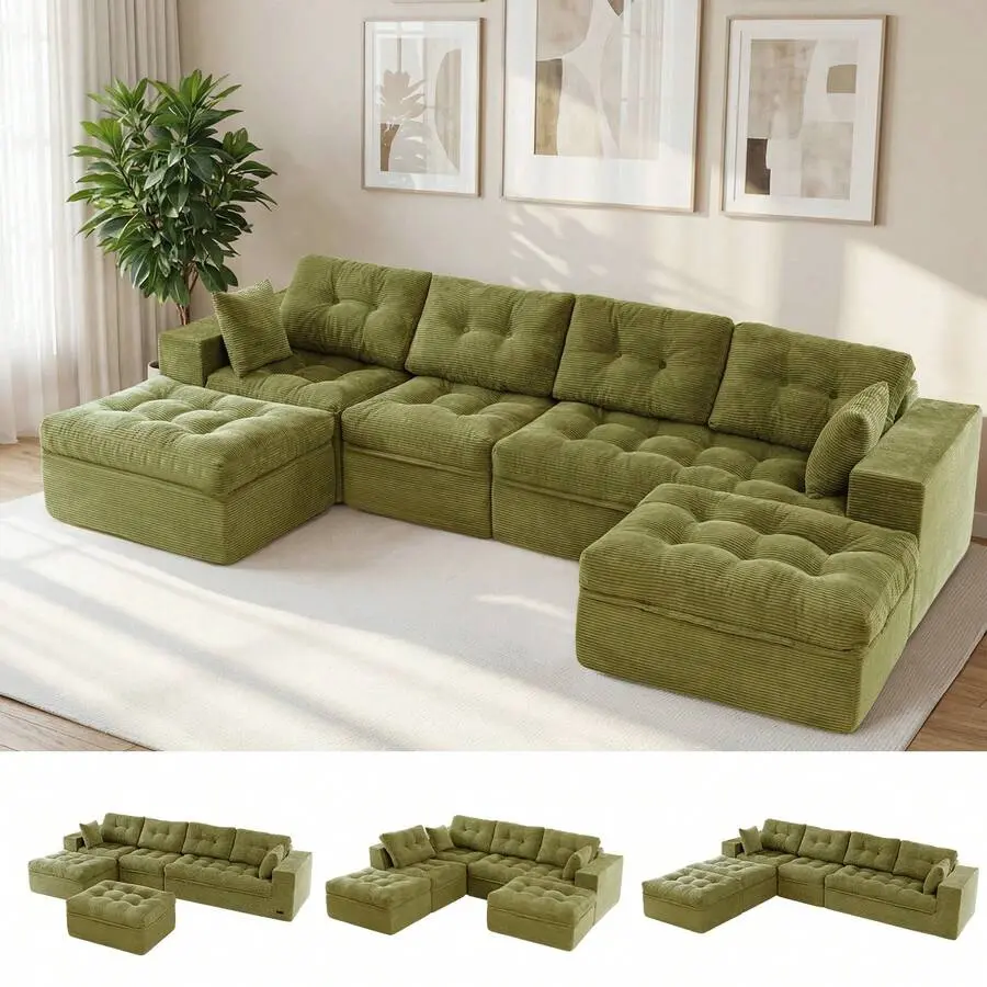 L-Shaped Modular Sofa With Convertible Left/Right Ottoman,Cloud-Textured Tufted Cushions,Four Combinations,Sofa In A Box,No Assembly Required