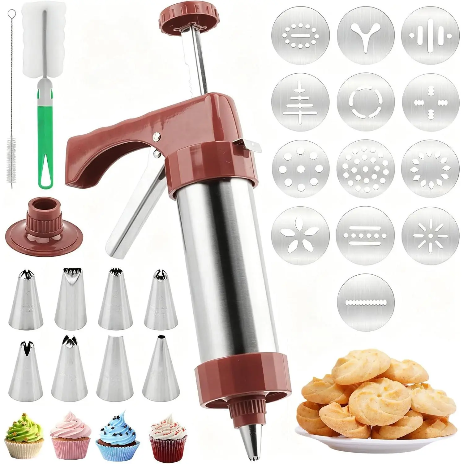 Stainless Steel Cookie Press Gun with 13 Discs & 8 Tips for Spritz Cookies Baking & Decorating