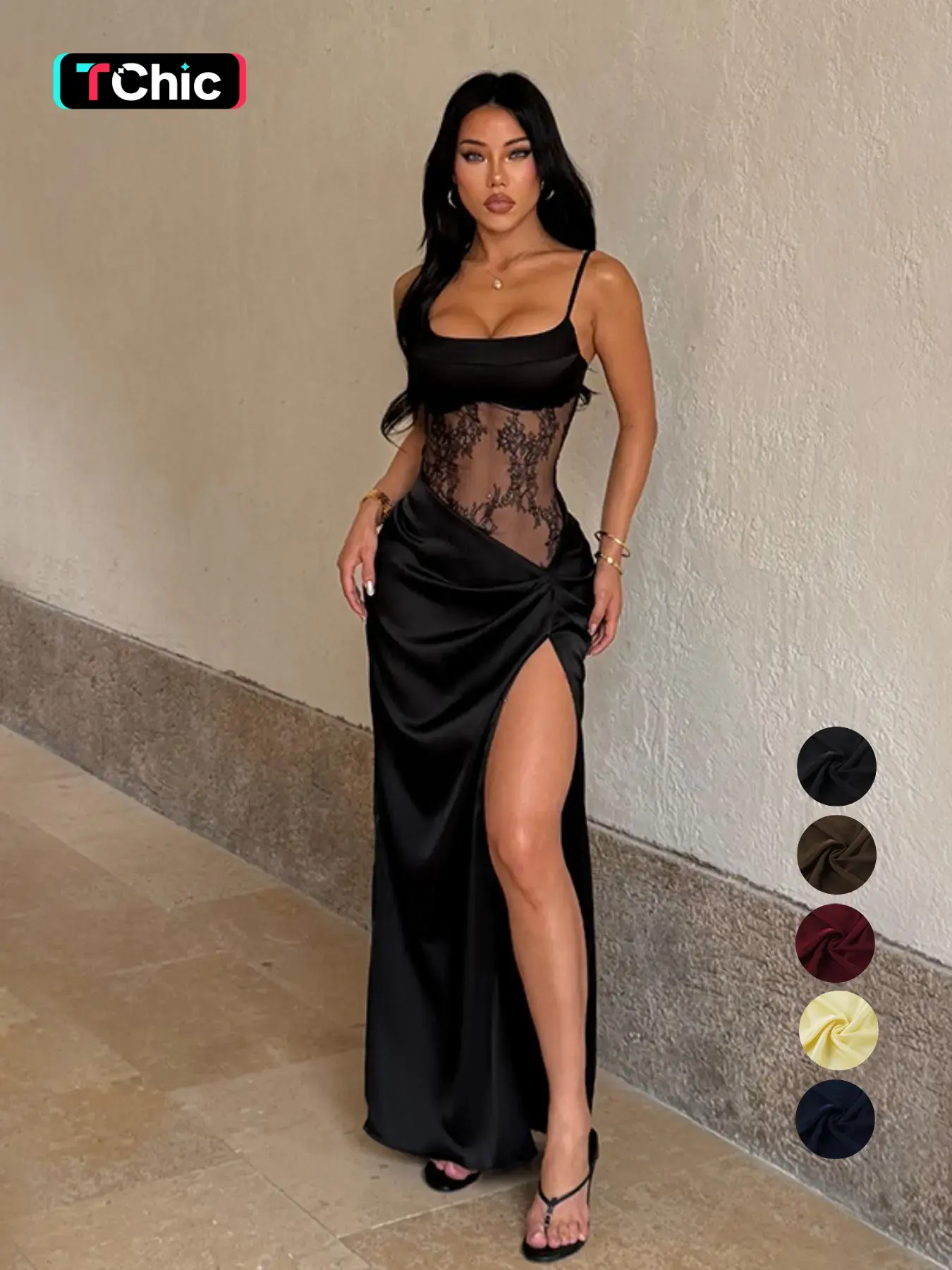 Sexy Lace Halter Dress with Slit, Backless Design, Elegant Style, Perfect for Parties & Special Occasions, Women's Fashion