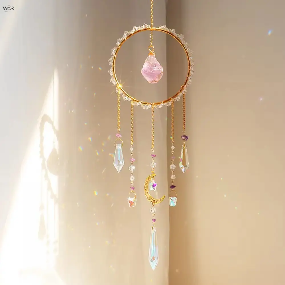Raw Crystal Suncatcher Moon Star Prism Hanging Ornament, Rainbow Maker Crystal Window Hanging, Natural Stone Wind Chime Home Wall Decor Gift