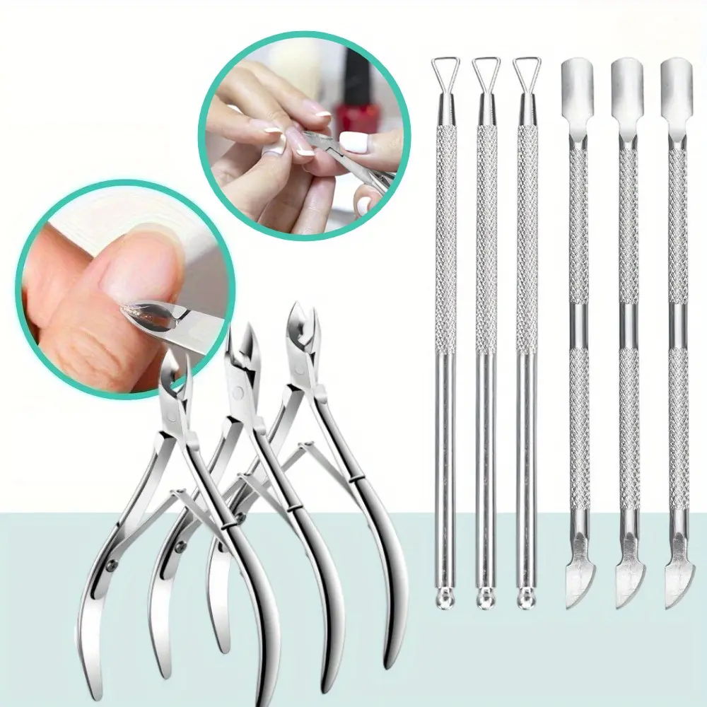 9pcs Cuticle Trimmer Sharp Cuticle Nippers Scissors Stainless Steel Cutter Remover Pedicure Manicure Nail Tool Cuticle Pusher Nail Cuticle Trimmer Professional Cuticle Cutter silverey