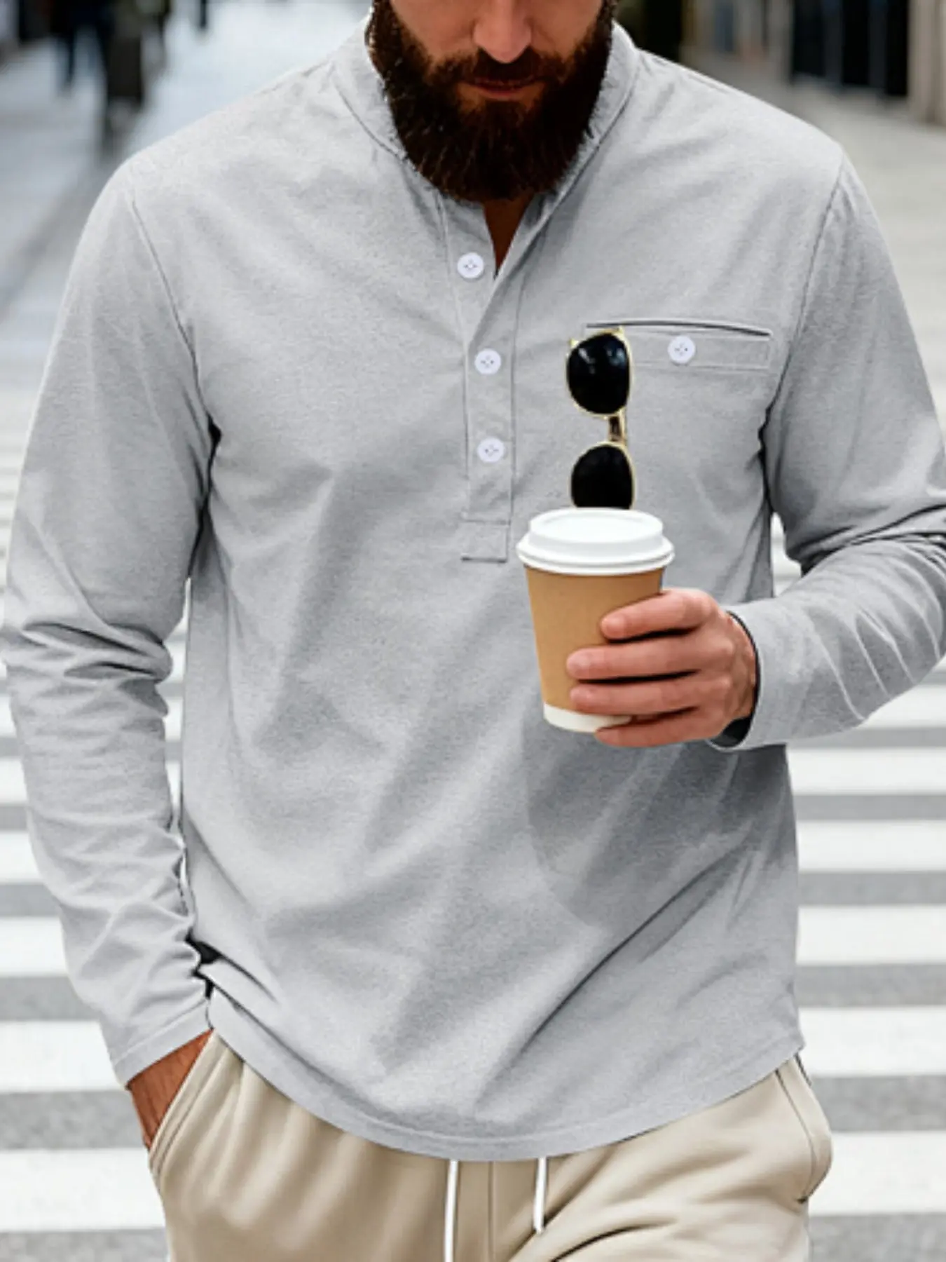 Men's Summer Casual Long Sleeve Henley Shirt Khaki Beige Pullover Mock Neck Grandad Collar Tops Button Placket Chest Pocket Tee Shirt Outfits Soft Breathable Solid Color Fashion Clothing Blouse