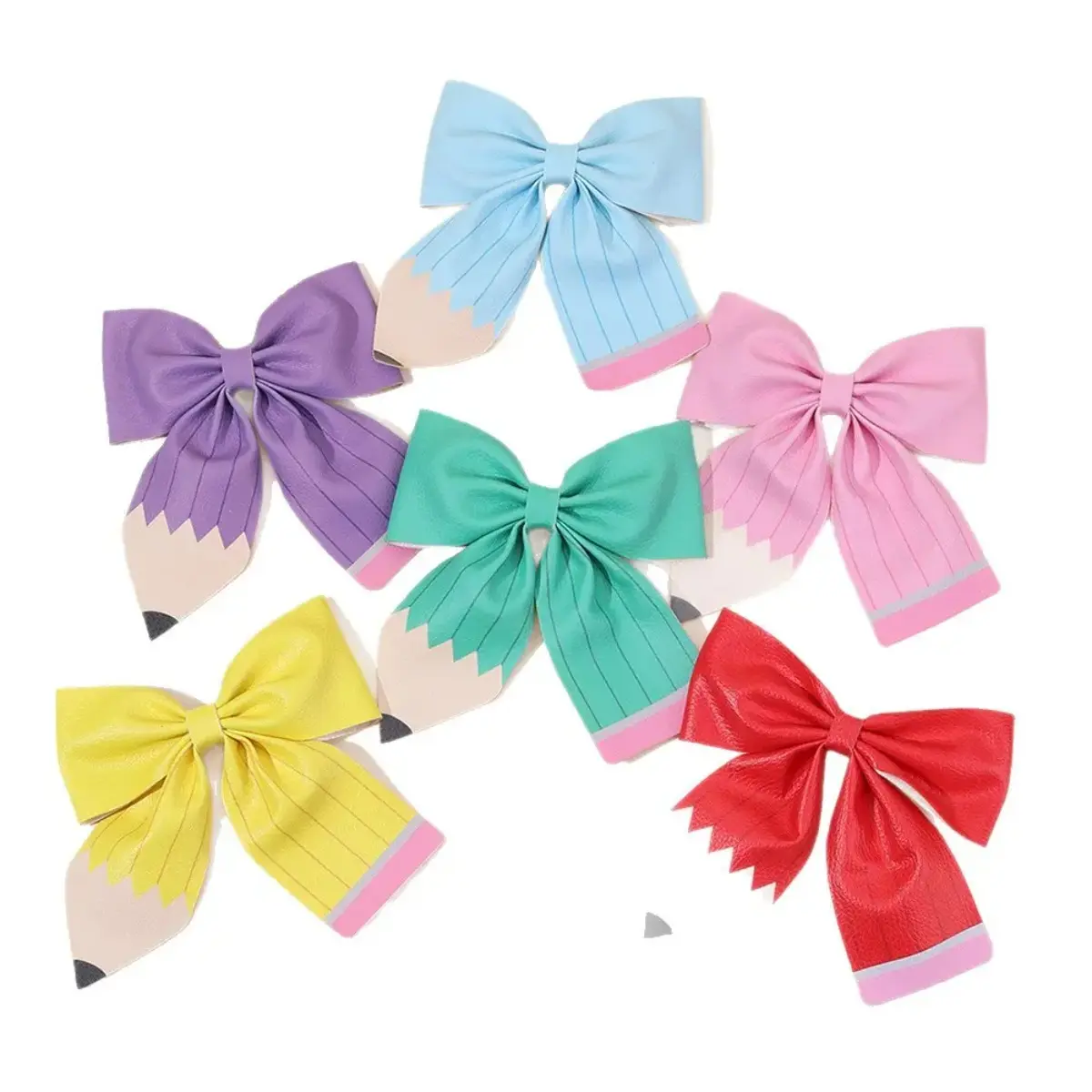 6-Pack Girls' Pencil Bow Shape Hair Clips, Pastel Faux Leather Accessories for Back-to-School Schoolwear with Non-Slip Grip, Pencil Motif