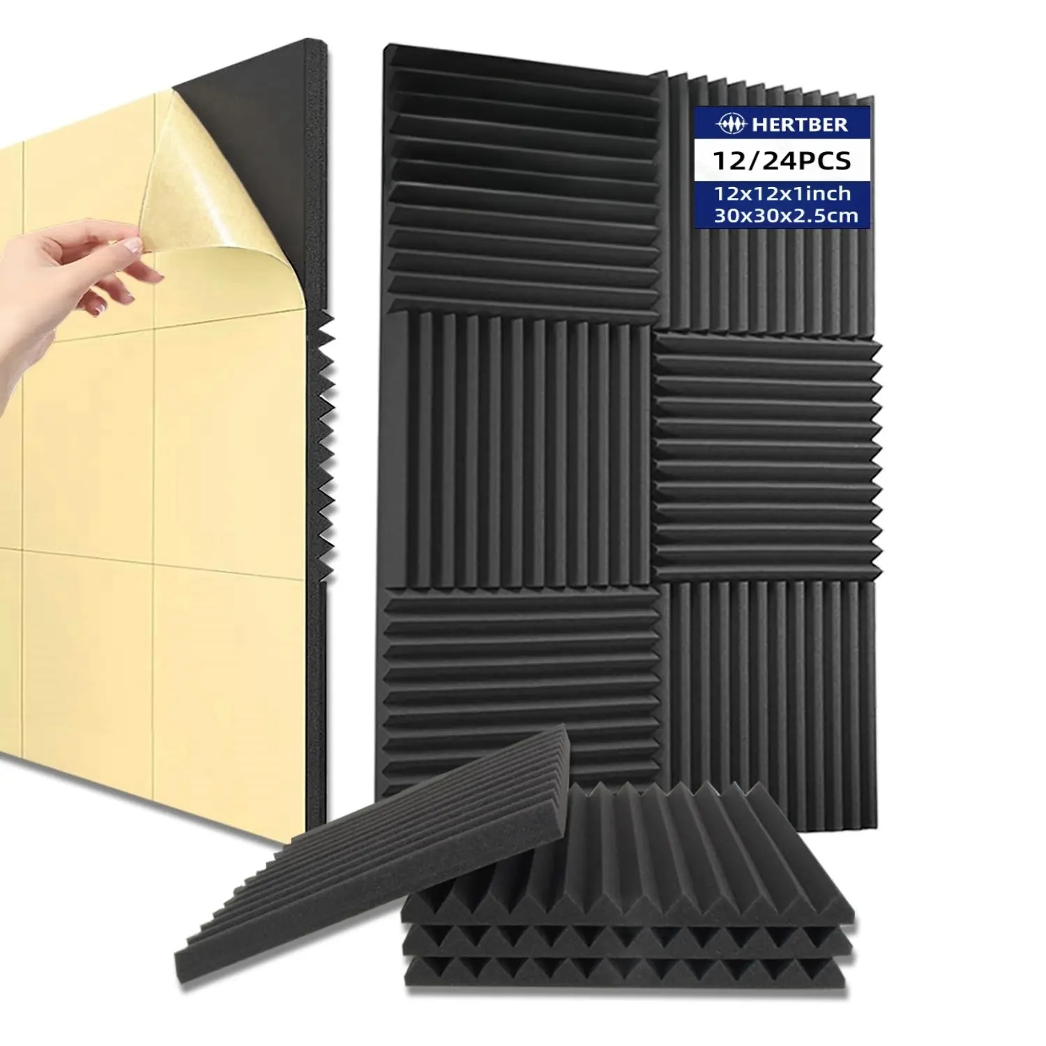 Hertber 12/24pcs Acoustic Panels, Self-Adhesive Soundproofing Foam, 30x30x2.5cm High Density, Noise Reduction, Home, Studio, Game Room