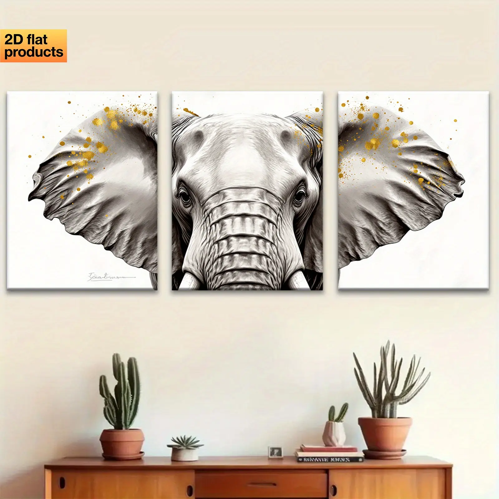 2D Flat Print Wrapped Canvas Print Set of 3, wooden framed wall art showcasing a majestic elephant. Perfect for African wildlife themed decor, this aesthetic canvas artwork features creative design and serves as a wonderful decorative gift