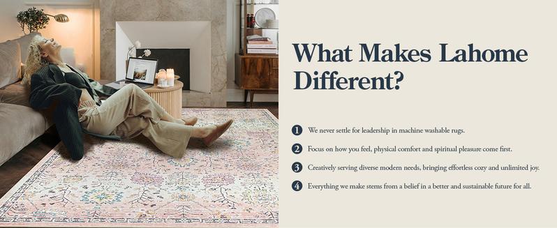 Lahome Pink Boho Area Faux Cashmere Rug, 8x10 Washable Faux Cashmere Rugs for Bedroom Living Room, Soft Blush Floral Non Slip Pastel Thin Floor Carpet for Classroom Playroom Home Decor