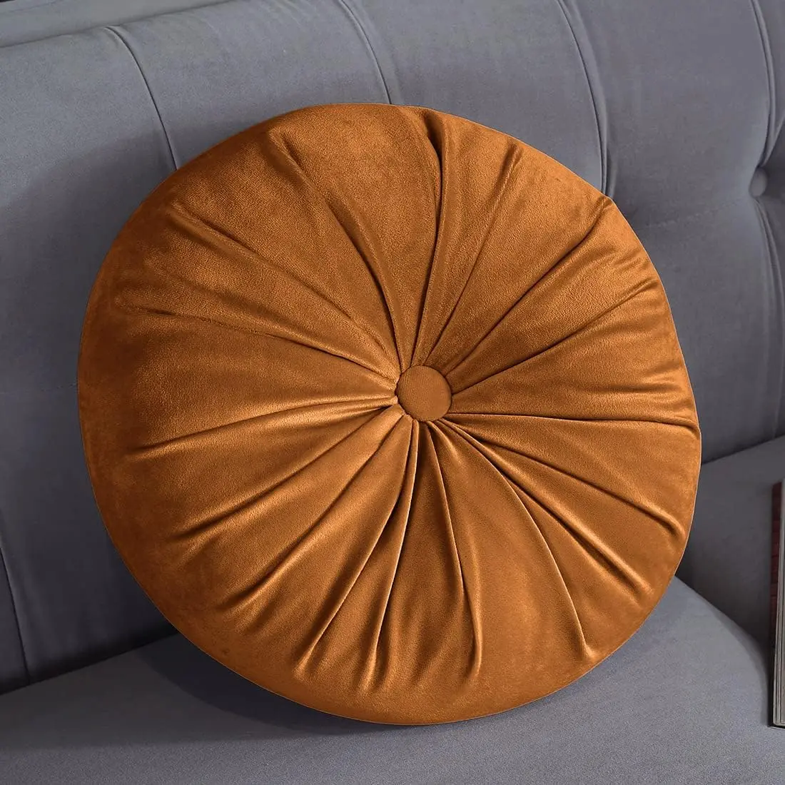 Round Velvet Color Chair Cushion Pumpkin Pleated Throw Pillow Home Decorative Pillow Diameter 15" Dark Orange