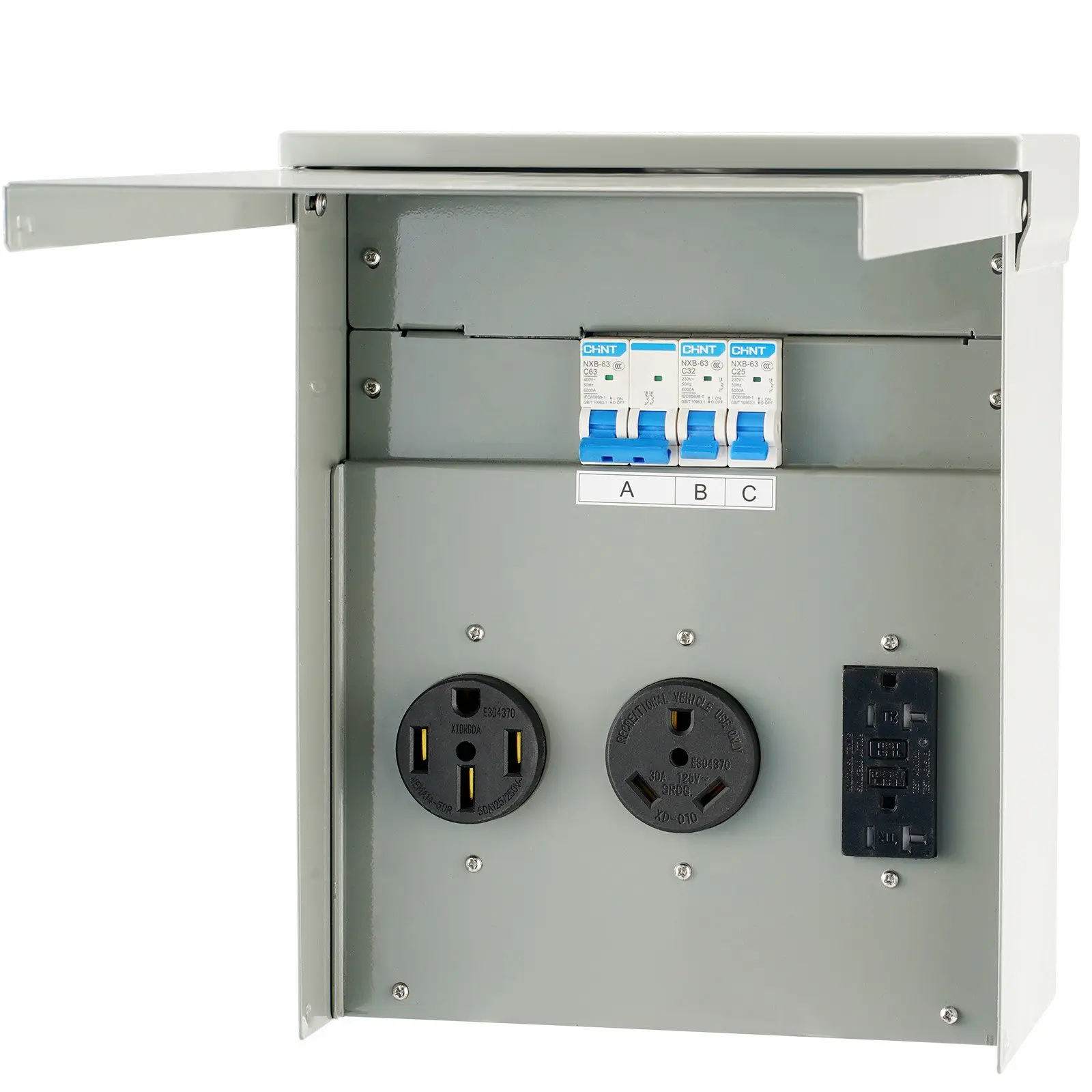 VEVOR Temporary Power Outlet Panel, 125/250V, RV Power Outlet Box with a 20/30/50 Amp Receptacle Installed, NEMA 14-50R/ NEMA TT-30R/ 15A GFCI for RV Camper Trailer Motorhome