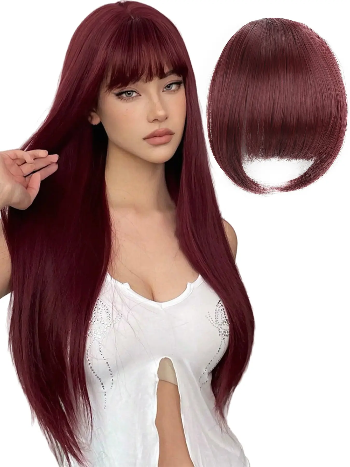 Women's Clip-In Bangs Synthetic Hair Extensions, Invisible French Fringe, Straight Edge with Side Sweeps, Natural Wine, Multi-Use Daily & Party Wear