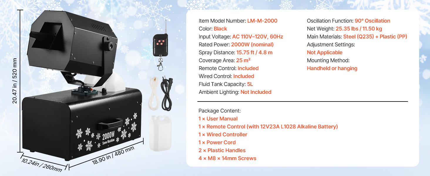 VEVOR Snow Machine, High Output 70 ㎡   Wide Coverage 2000W Snow Maker Machine with 2 Remotes Control, 90 °   Shaking Head Jet Foam Machine Snow Spraying Machine for Christmas Parties Wedding Stage Effect