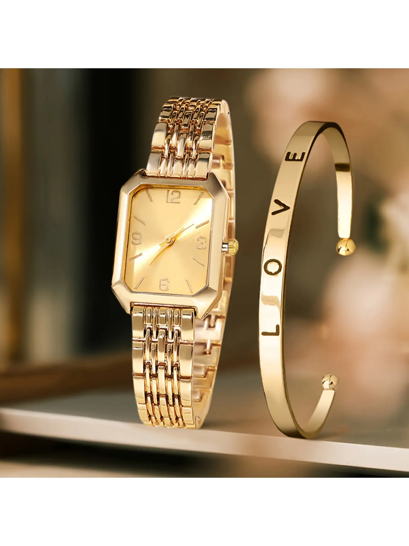 2pcs Women'S Watch Gift Set, Fashionable And Trendy Open Bracelet Combination Casual Quartz Watch Set, Classic Retro Rectangular Dial, Comfortable Alloy Strap, Perfect Gift for Family And Friends, Ideal for Easter Or Casual Wear, Box Not Included
