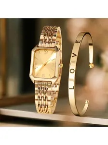 2pcs Women'S Watch Gift Set, Fashionable And Trendy Open Bracelet Combination Casual Quartz Watch Set, Classic Retro Rectangular Dial, Comfortable Alloy Strap, Perfect Gift for Family And Friends, Ideal for Easter Or Casual Wear, Box Not Included