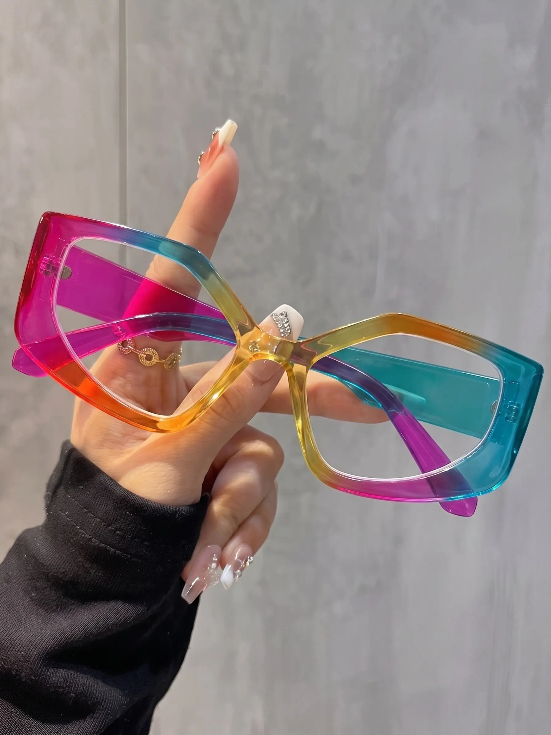 Vibrant Rainbow Gradient Multifaceted Sunglasses, Large Frame for Face Shape, Party Street Style Fashion Decorative Frames