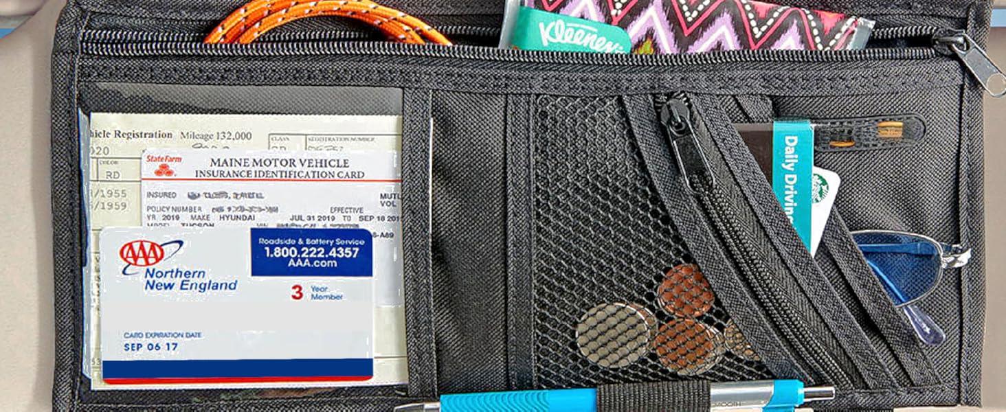 Car Visor Organizer with Secure Zip Pockets, Sunglasses Holder and Clear Registration and Insurance Pocket - Heavy Duty Straps Fit Most Car, SUV and Truck