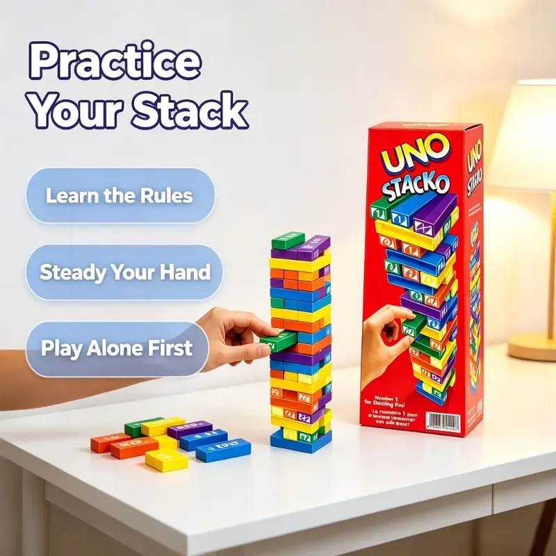 UNO Stacko Balance Tower Game, Colored Stacking Blocks Party Game, Interactive Family Tabletop Game for 2-10 Players