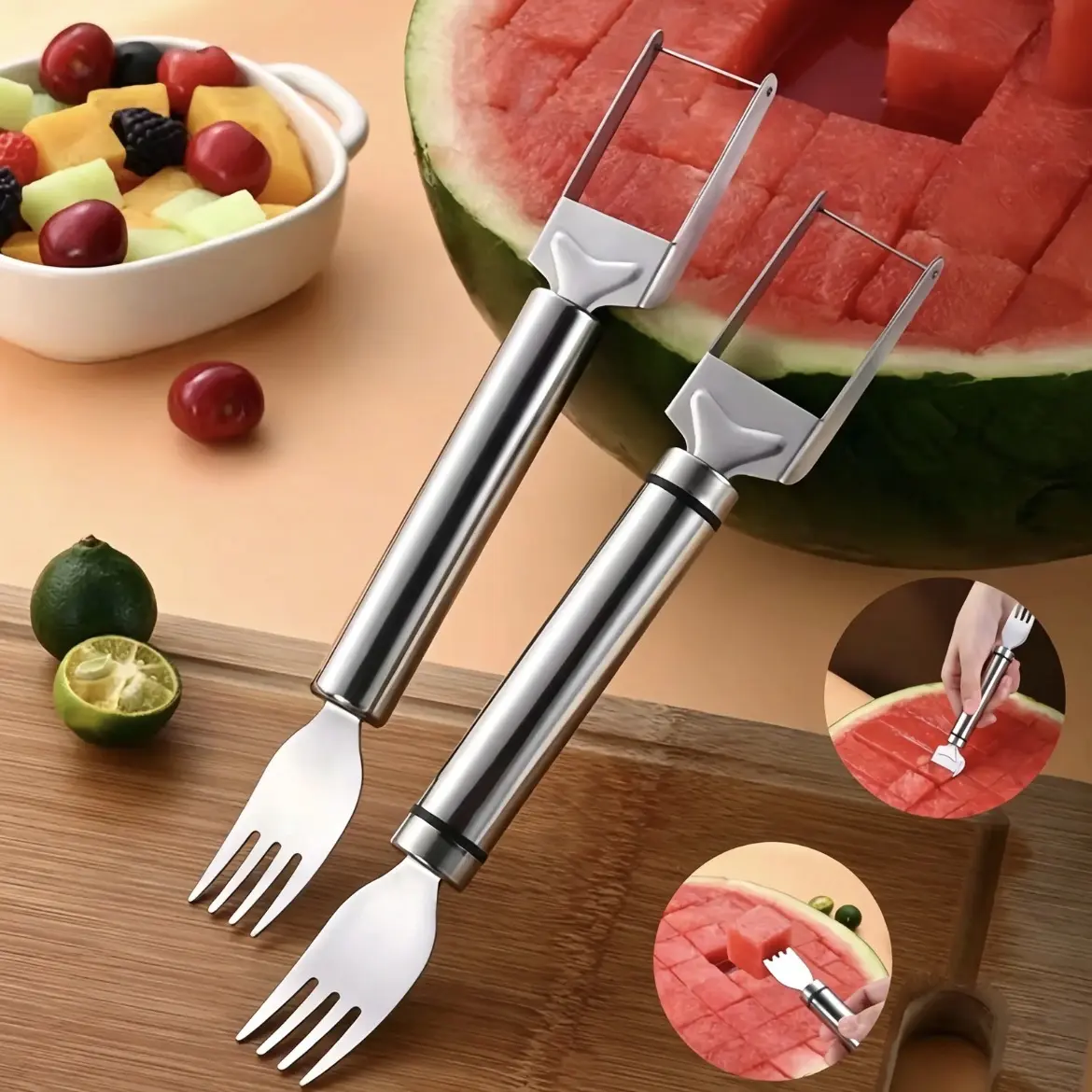 【2 Pack】Watermelon Fork Slicer,Watermelon Slicer Cutter,Watermelon Cube Cutting Tool, 2-in-1 Stainless Steel Fruit Cutter, Dual Head Fruit Forks Slicer Knife with Round Handle,Fruit Cutting Kitchen Utensils,Kitchen Gadgets,Portable Modern