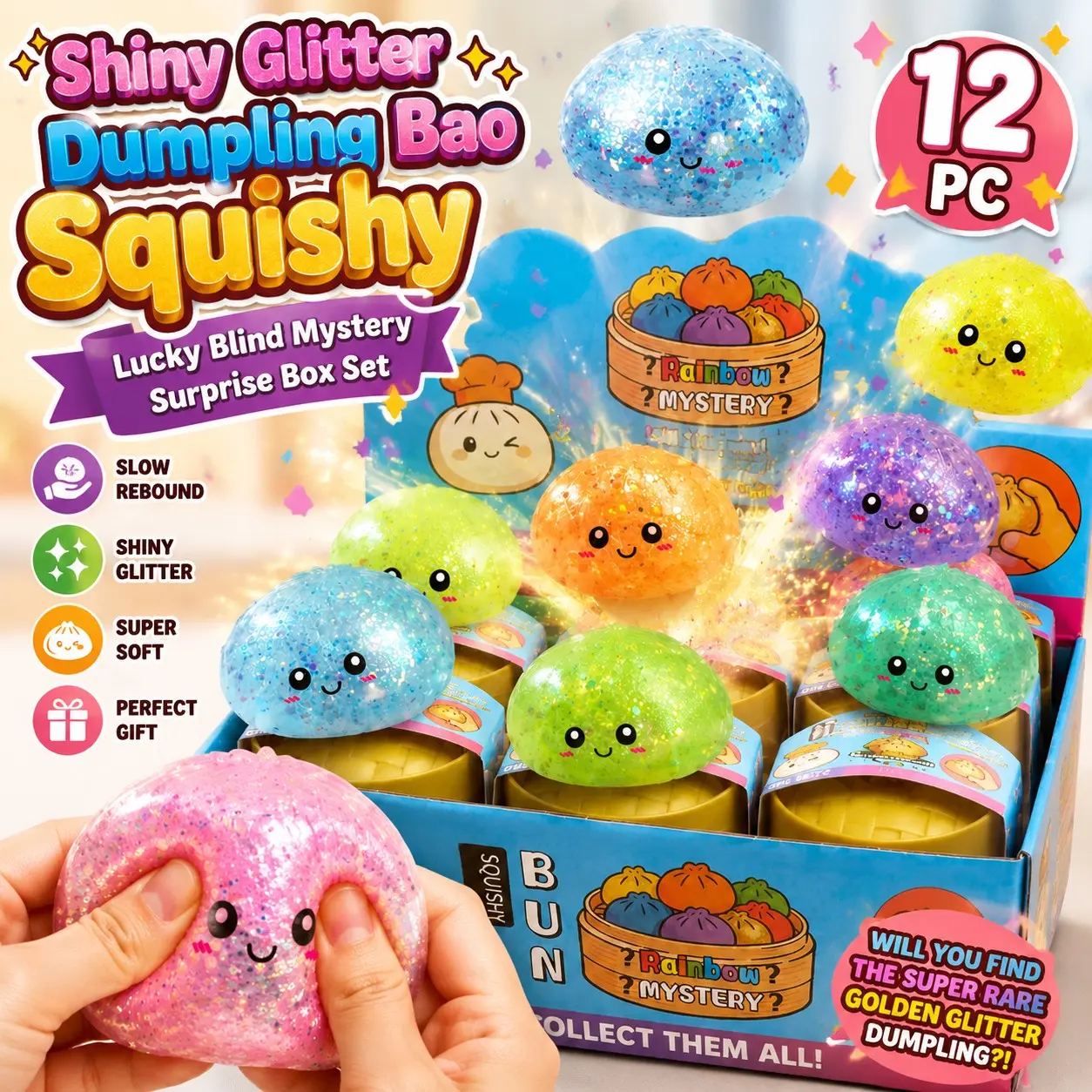 12Pcs Glitter Dumpling Soft Rubber Squishy Lucky Blind Mystery Surprise Box Set, Real Bread Bun Stress Relief Squeeze Toy, Cute Sensory Fidget Ball for Anxiety & Hand Relaxation, Fun Birthday Exchange Gift for Kids Teens Adults