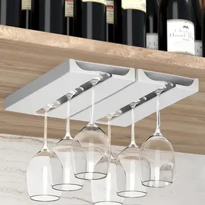 Under Cabinet Wine Glass Holder Rack, Punch-Free Self-Adhesive Plastic Stemware Storage Organizer Hanger, 2 Pack White for Bar