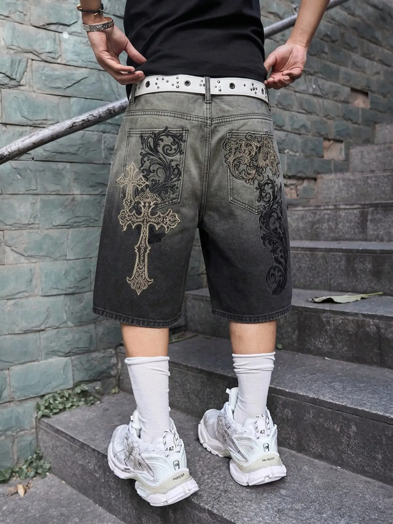 Men's Street Style Aesthetic Denim Shorts, Streetwear Casual Loose-Fit Baggy, Breathable Cotton, All-Season Wear, Graphic Pattern, Summer Gym Shorts