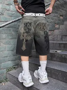 Men's Street Style Denim Shorts, Streetwear Casual Loose-Fit, Breathable Cotton, All-Season Wear, Graphic Pattern, Summer Gym Shorts