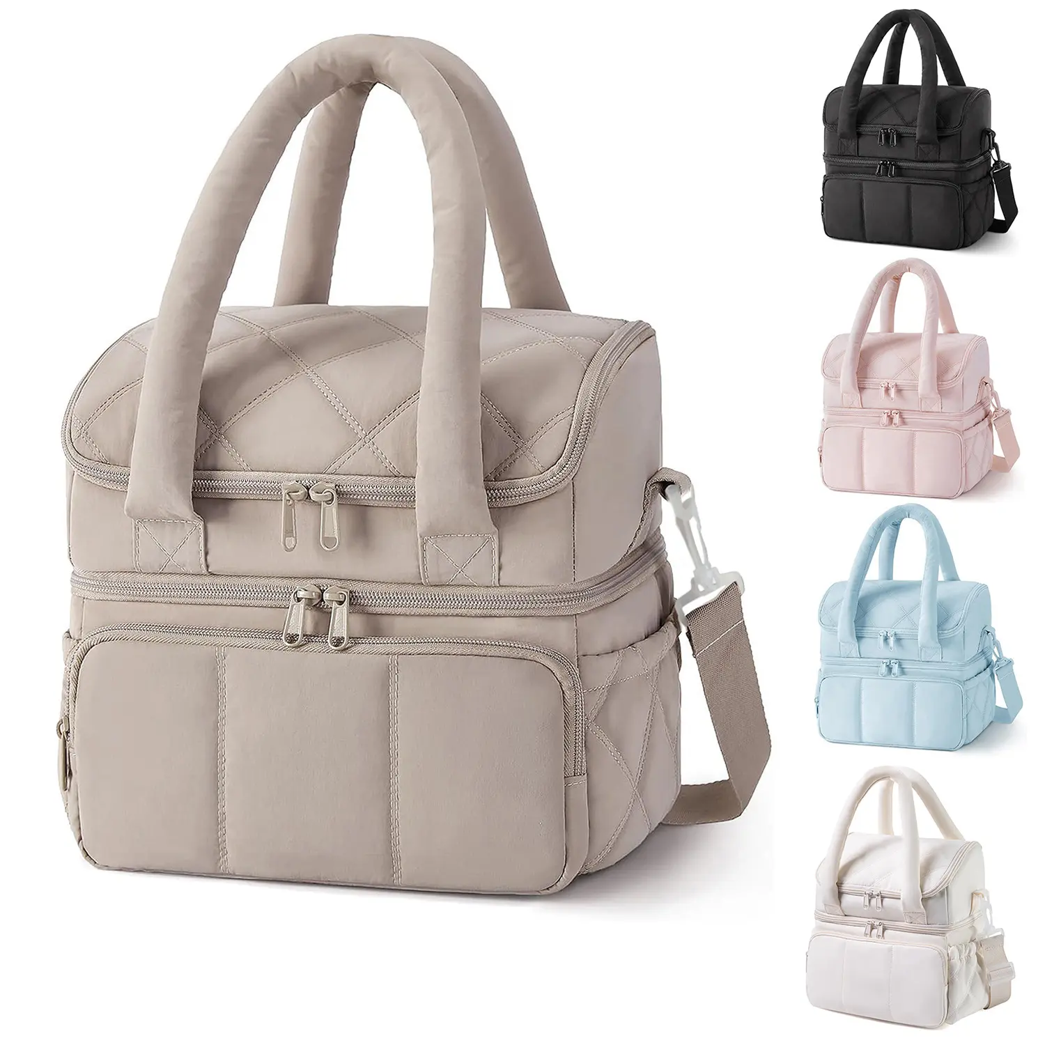 Women's Stylish Quilted Thermal Lunch Box Carrier - Double Layer Insulated Leakproof Zipper-Closure Tote Bento Bag for Work, Outdoor Activities, Compact Gym Accessory