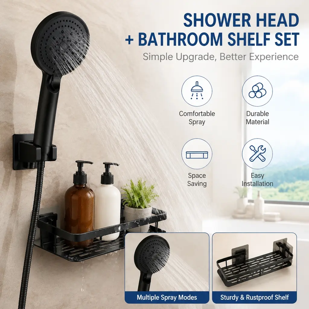 Shower Head with 5 Spray Settings, High Pressure Water Saving Handheld Shower Head with Bathroom Storage Shelf, Adjustable Multi Function Shower Set for Home Bathroom, Bathtub, Apartment and Daily Bathing