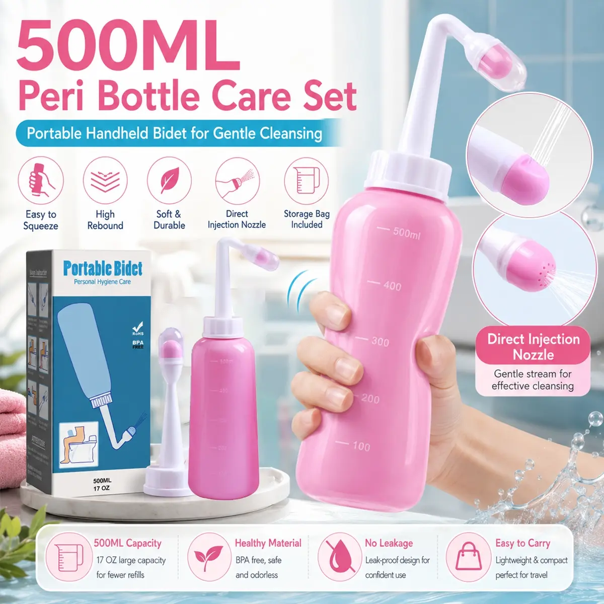 500ML Peri Bottle for Postpartum Care, Pink Portable Travel Bidet Sprayer, Handheld Bidet Sprayer For Toilet, with Angled Nozzle, Cover, Storage Bag, Easy Squeeze Design, Handheld Bidet Bottle for Women, Daily Cleansing, Bathroom Care