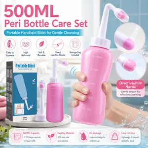 500ML Peri Bottle for Postpartum Care, Pink Portable Travel Bidet Sprayer with Angled Nozzle, Cover, Storage Bag, Easy Squeeze Design, Portable Handheld Bidet Personal Hygiene Bottle for Women, New Moms, Daily Cleansing, Bathroom and Bedside Care