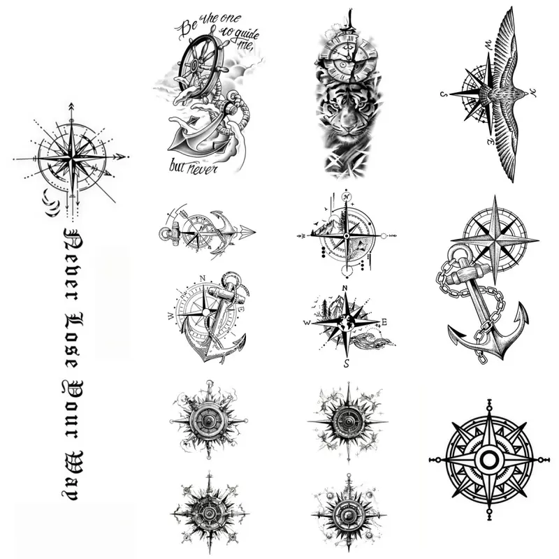 Semi-Permanent Tattoo, Compass Anchor Nautical Fake Tattoo Sticker, Realistic Marine Navigation Pattern, Waterproof Authentic Tattoo Appearance, Long Lasting 7-15 Days Plant Ink Temporary Tattoo for Men Arms