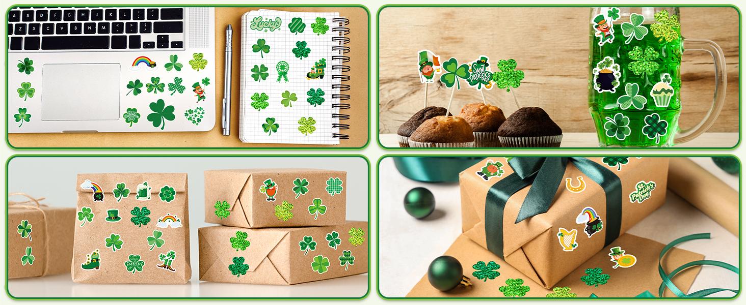 600 Pcs St Patricks Day Stickers, Glitter Shamrock Stickers Roll Green Lucky Sparkly Four Leaf Clover Sticker for Irish Holiday Party Favors Supplies St Patricks Day Decorations Accessories Craft Gift