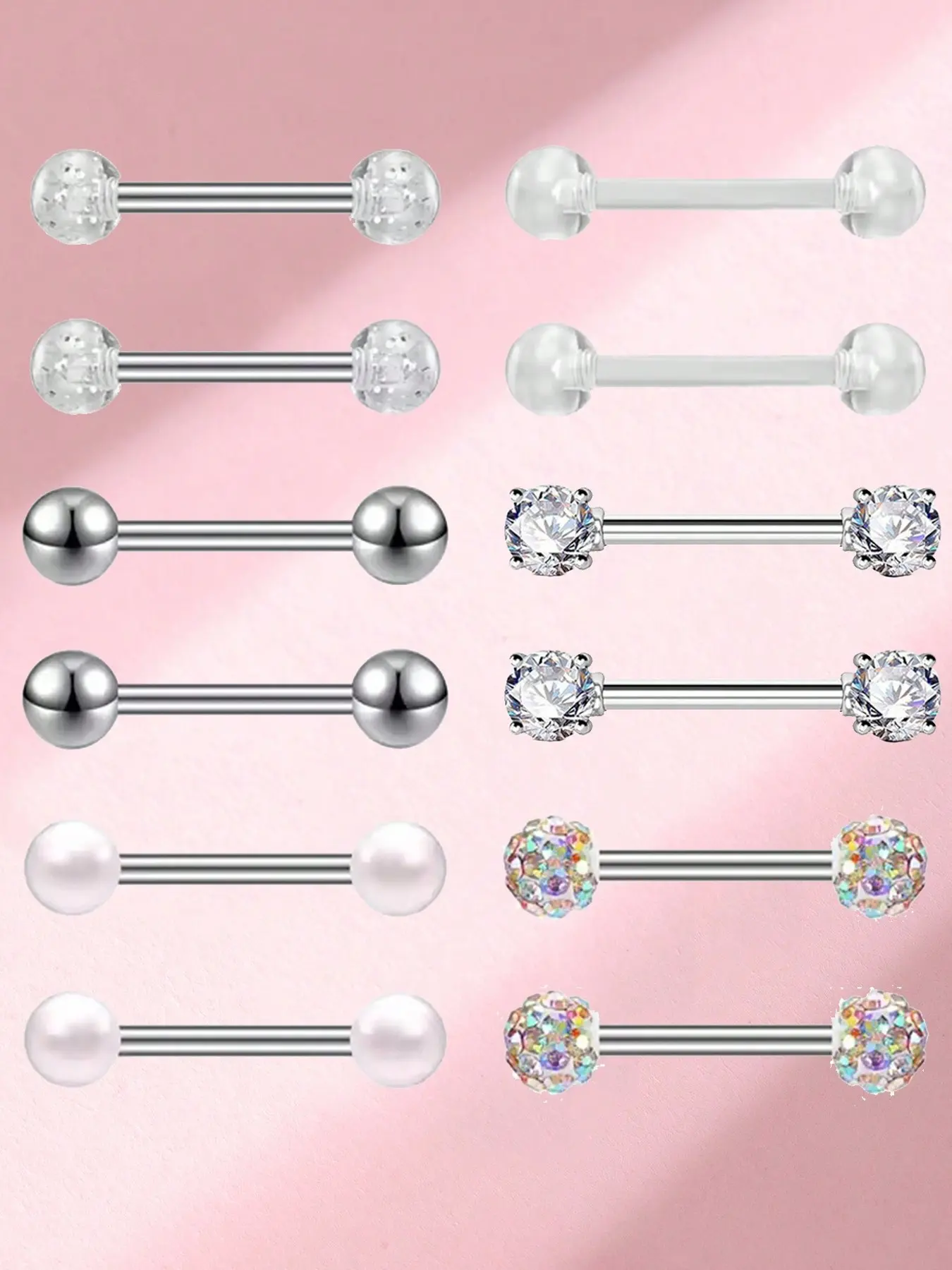 12 Piece Set Fashion Stainless Steel Ball Lip Ring Tongue Stud, Cute Plain Design, All Seasons Jewelry for Women, Daily Wear