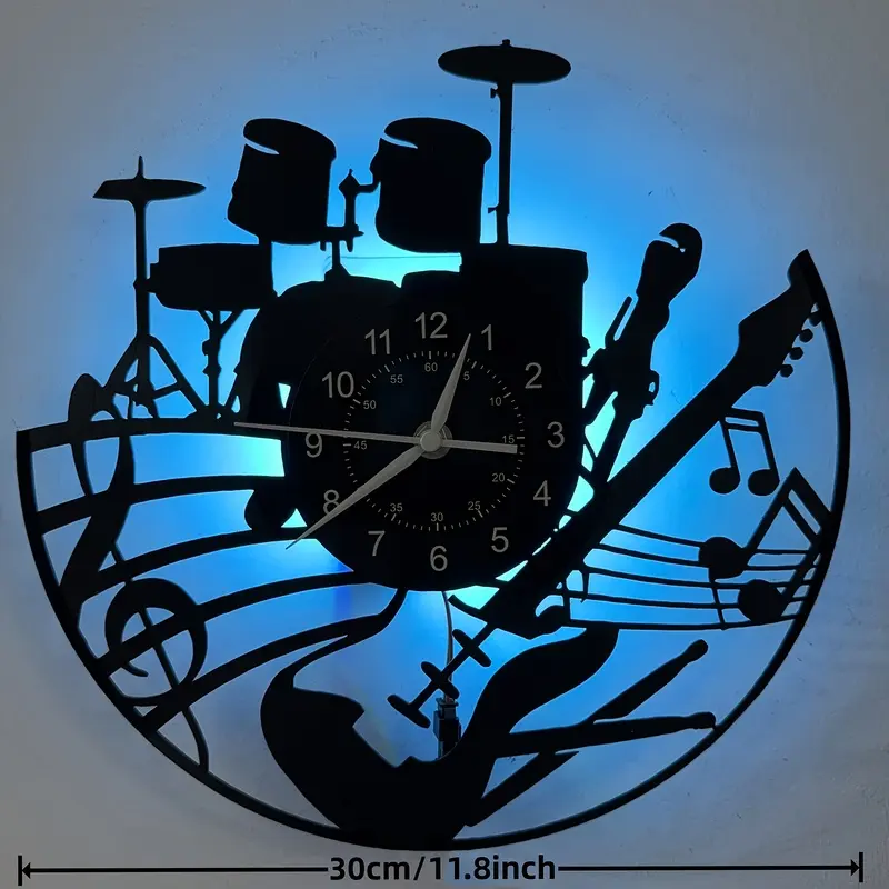 LED Vinyl Wall Clock, Drum Set Cutout Wall Clock LED Backlit Rock Music Wall Hanging Decoration Room Accent for Teen Bedroom Band Practice Space Bar Decor Christmas Gift for Drummers Music Hobbyists Rock Culture Fan, Lighted Wall Clock