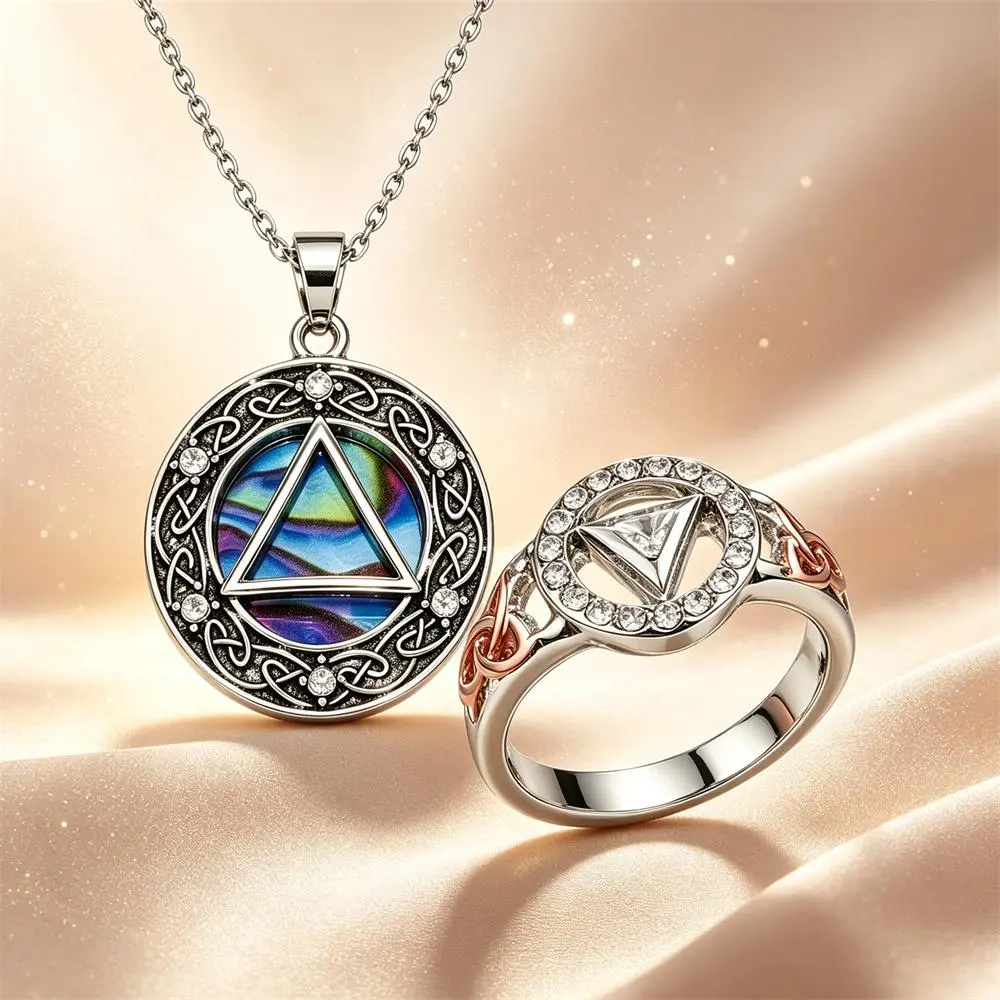Women's Stainless Steel AA Sobriety Jewelry Set with Abalone Shell Pendant Necklace & Two-Tone Rose Gold Celtic Knot Triangle Ring - One Day at a Time, Elegant Meaningful Recovery Gift for Women Milestone Jewelry