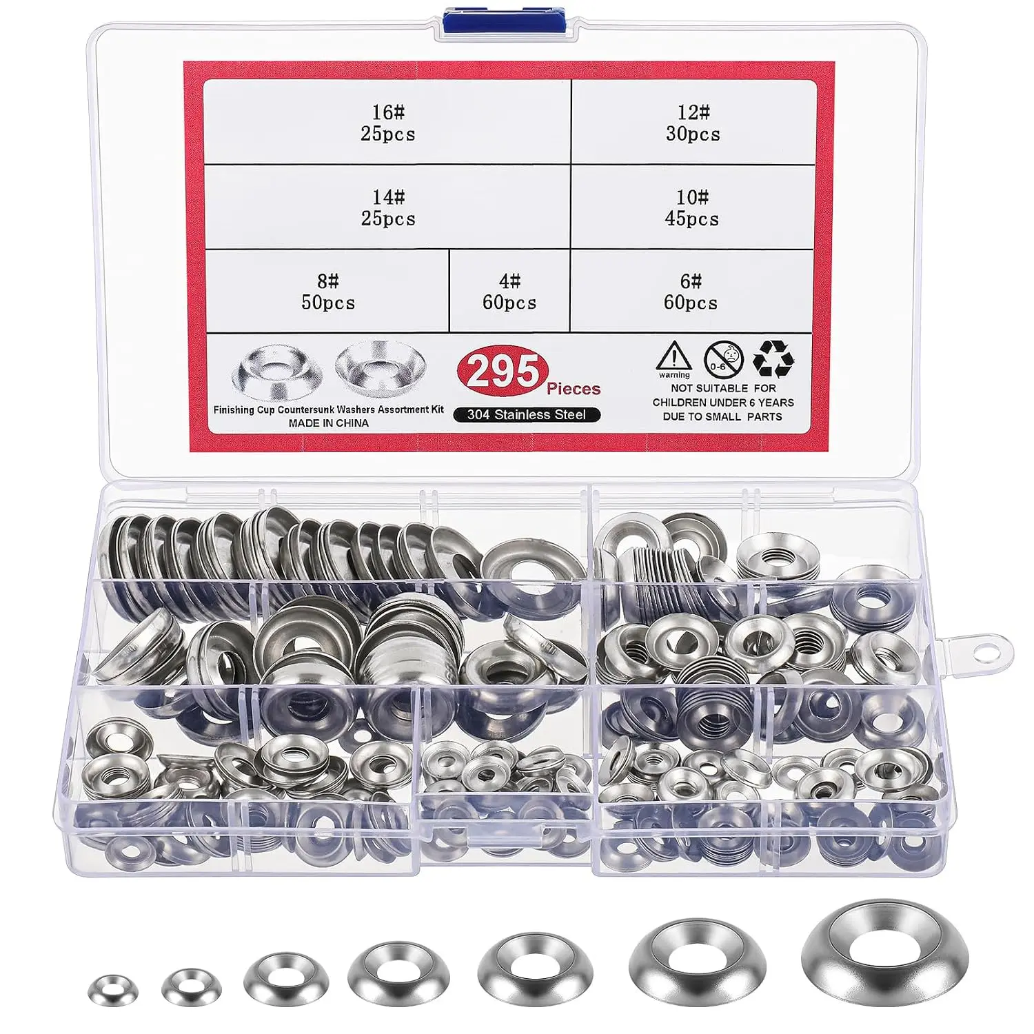 295 count Finish Washers #4#6#8#10#12#14#16 304 Stainless Steel Finishing Cup Washers Countersunk Cup , 7 Sizes()