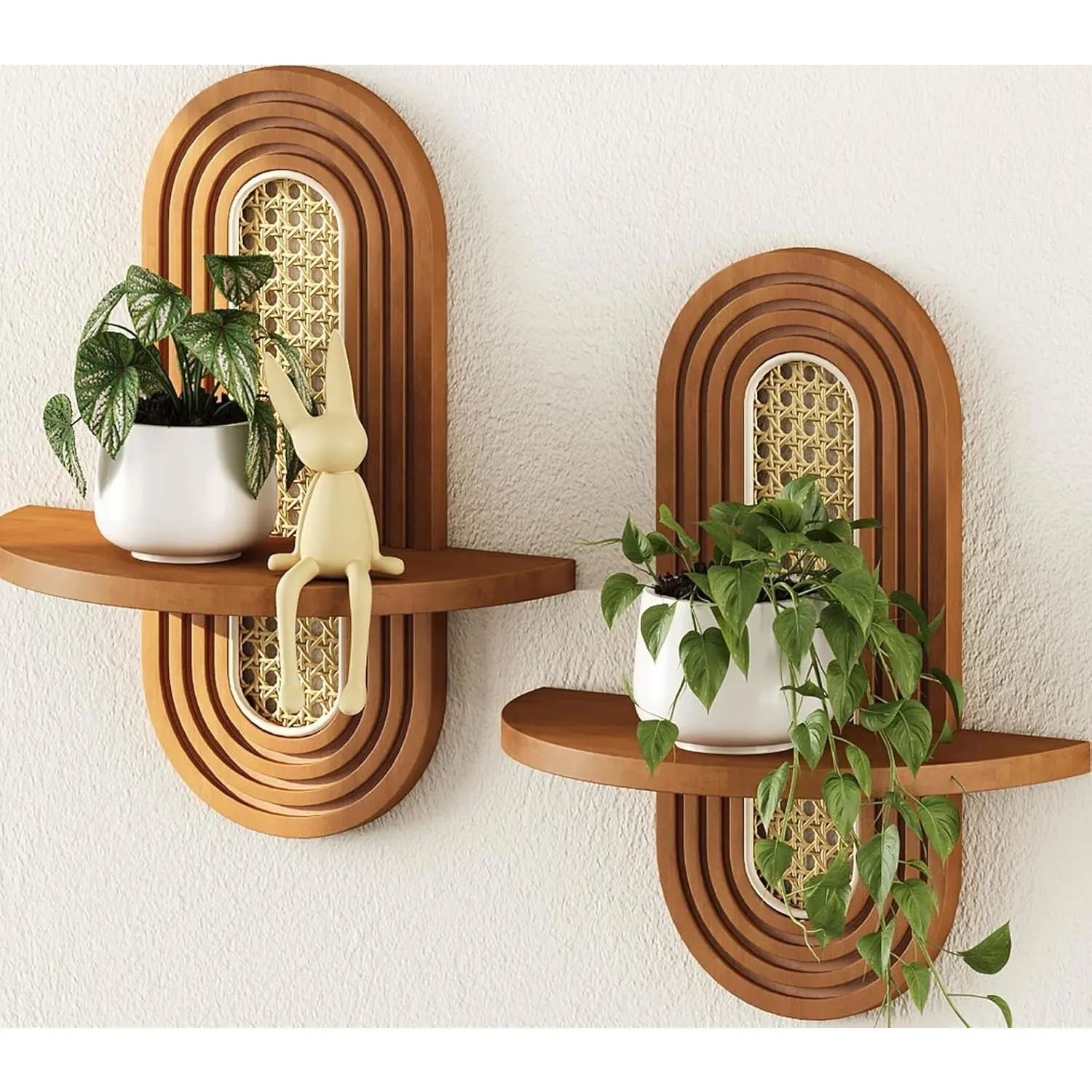 Floating Shelves for Wall, Boho Home Wall Decor,Rattan Plant Shelf Set of 2, Mid Century Small Decorative Shelf, Natural Wood Shelves for Living Room,Bedroom,House,Office (Walnut)