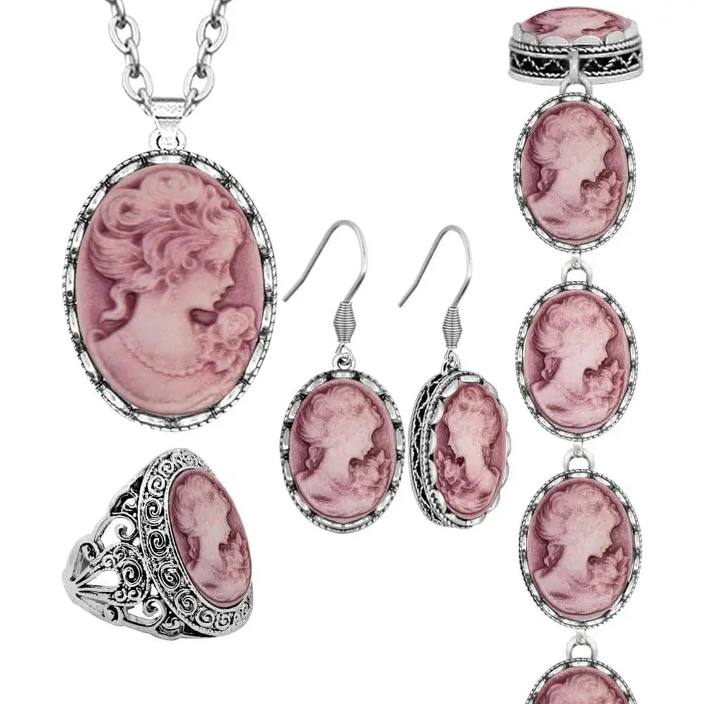 Look Lady  Cameo Sets For Women Victoria Pendant Cameo Necklace Earrings Ring Bracelet Fashion