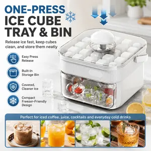 Press Ice Cube Maker with Storage Bin, One-Press Release Ice Tray Container, Food-Grade Freezer Ice Cube Mold with Lid for Cocktails, Juice, Coffee, Parties, Home Bar and Daily Drinks
