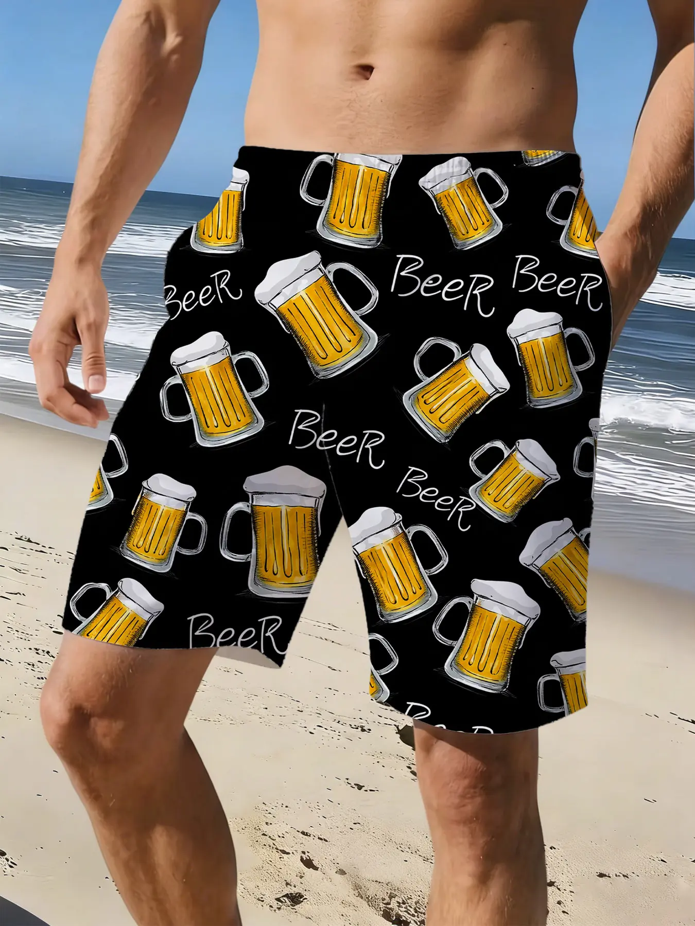 Funny Casual Style Full Print Beer Cup Pattern Shorts, casual summer shorts, Slim-Fitting Drawstring Waist Short Pants, All over Print Natural Waist