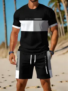Men's Fashion Sport Set, Colorblock Short Sleeve Shorts, Casual Beach Wear, Summer Breathable Quick-Dry Two-Piece Set, Casual Activewear Set