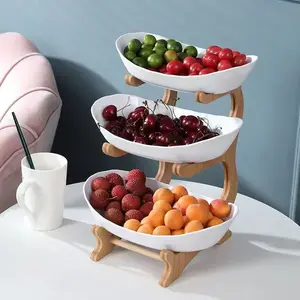Cross Layer Fruit Basket European Style Dried Fruit Bamboo Wood Stand Home Snack Tray Candy Bowl Storage Organizer