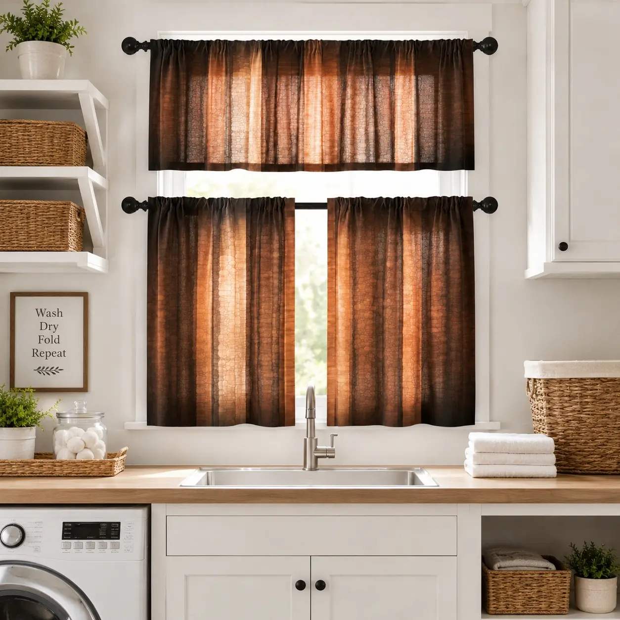 3-Piece 36-Inch Retro Look Kitchen Window Curtain Set - Non-Customised Soft Polyester Valance with Brown Orange Copper Abstract Glass & Stripe Pattern, Fading Resistant Short Cafe Tiers, Machine Washable Small Kitchen Decor