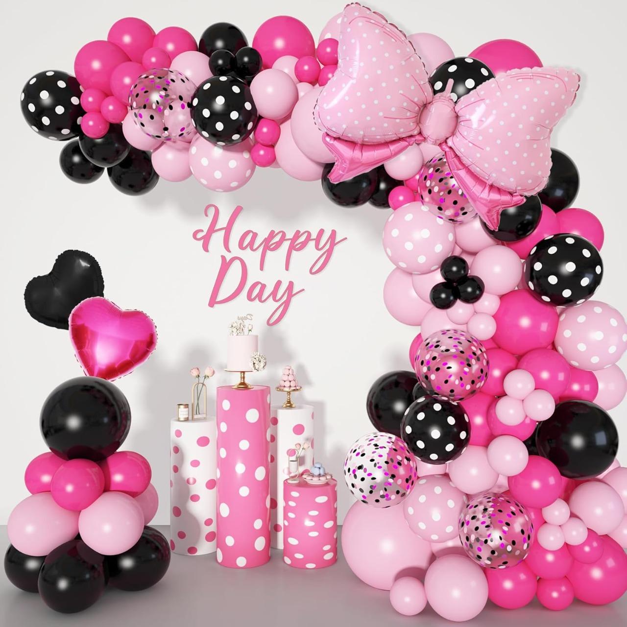 Party Pink Mouse Balloon Garland Arch Kit for Cartoon Mouse Theme Birthday Party Decorations Girl, Pink Black Rose Red Bow Foil Balloons Banners for Mouse Party Supplies